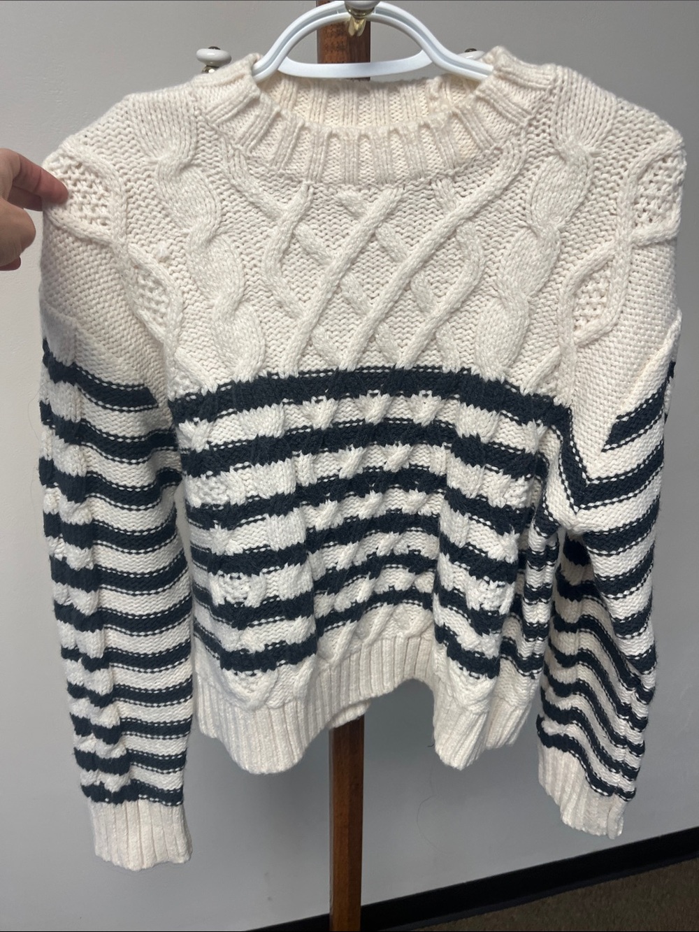 American Eagle Outfitters Cream & Black Cable-Striped Crewneck Sweater